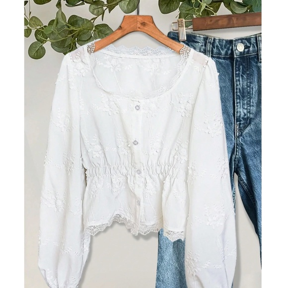 Boho White Semi Sheer Lace Button Down Embroidered Floral Top - Picture 5 of 9